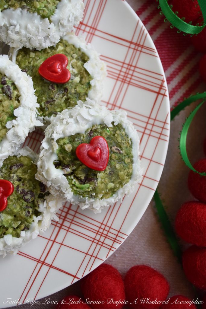 Coconut Grinchy Christmas Breakfast Cookies - Perhaps the reason you're feeling like a grinch this holiday season is that you forgot to eat breakfast. Easily remedied. These breakfast cookies, made with quick-cooking oats, banana, coconut, peanut butter, and chocolate, will help get rid of any grinchy feelings you have going on and make you excited for breakfast.