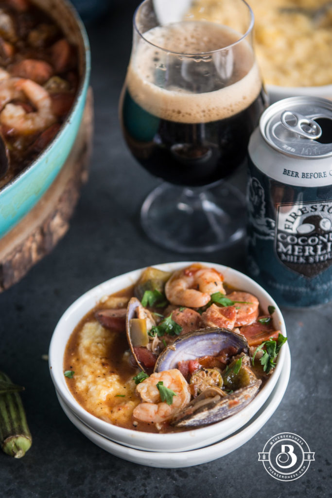 Stout Creole Gumbo over Smokey Cheddar Grits - The Beeroness - Welcome to Friday! Friday! Friday! Favorites! Each Friday we'll be sharing our favorite recipes of the week from other fabulous food bloggers, so make sure to visit and see what tasty over-the-top dishes we're most excited about.
