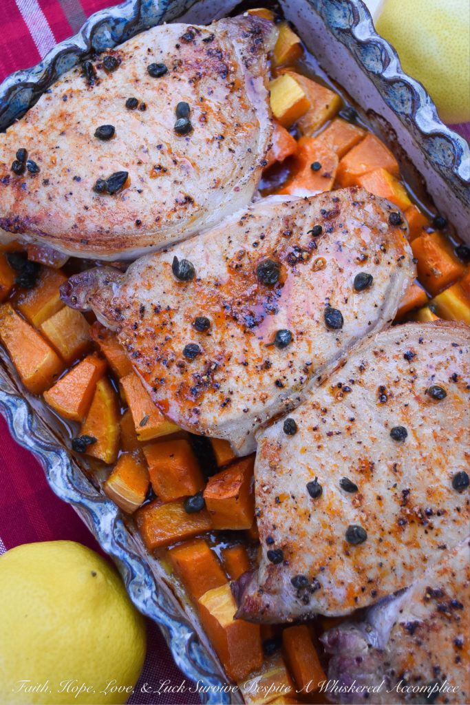 Pork Chops with Lemon Caper Butternut Squash - This one-pan meal is sure to be a hit with your family. The butternut squash is mixed with a lemon caper butter sauce and then lightly roasted before being topped with seasoned thick-cut pork chops and then cooked to perfection. Add some rice, pasta, or salad to this oven-baked dish, and you have the perfect weeknight meal.