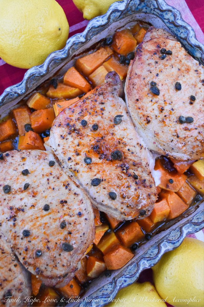 Pork Chops with Lemon Caper Butternut Squash - This one-pan meal is sure to be a hit with your family. The butternut squash is mixed with a lemon caper butter sauce and then lightly roasted before being topped with seasoned thick-cut pork chops and then cooked to perfection. Add some rice, pasta, or salad to this oven-baked dish, and you have the perfect weeknight meal.