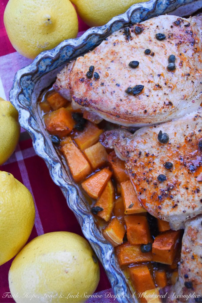 Pork Chops with Lemon Caper Butternut Squash - This one-pan meal is sure to be a hit with your family. The butternut squash is mixed with a lemon caper butter sauce and then lightly roasted before being topped with seasoned thick-cut pork chops and then cooked to perfection. Add some rice, pasta, or salad to this oven-baked dish, and you have the perfect weeknight meal.