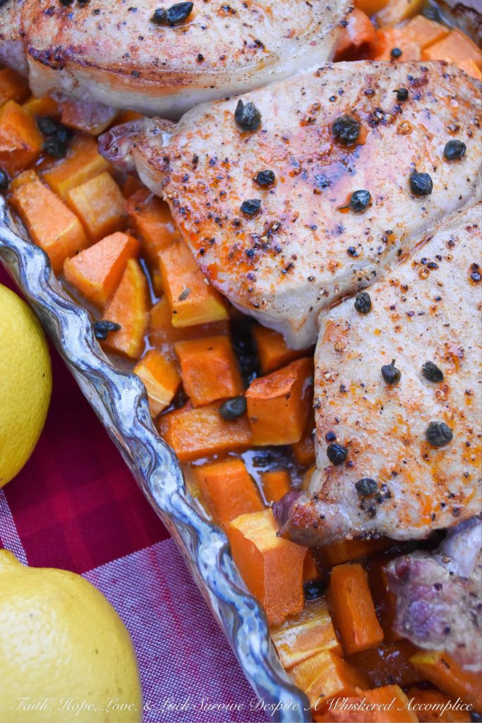 Pork Chops with Lemon Caper Butternut Squash - This one-pan meal is sure to be a hit with your family. The butternut squash is mixed with a lemon caper butter sauce and then lightly roasted before being topped with seasoned thick-cut pork chops and then cooked to perfection. Add some rice, pasta, or salad to this oven-baked dish, and you have the perfect weeknight meal.