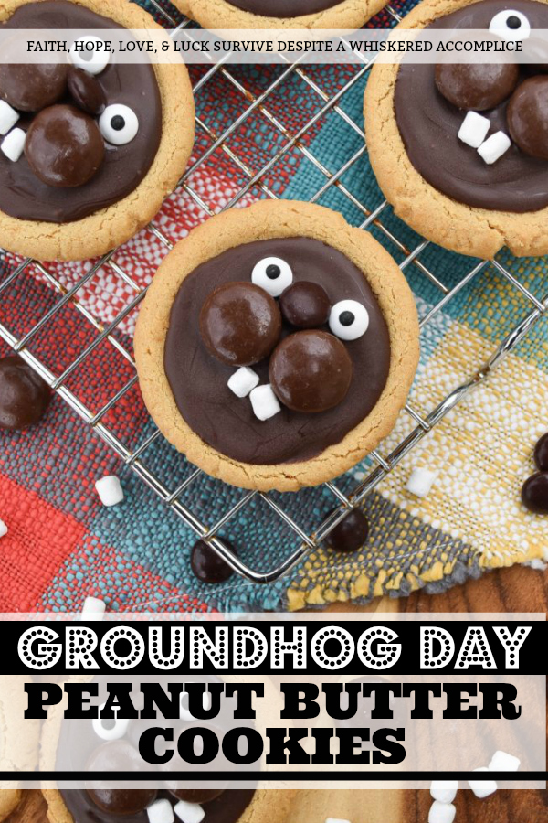 Groundhog Day Peanut Butter Cookies - This year, celebrate Groundhog Day with these festive peanut butter cookies decorated with chocolate, candy eyeballs, and marshmallow teeth. I'm pretty sure you'll enjoy decorating them just as much as you'll enjoy eating them. And, as an added bonus, you'll get to snack on some chocolate candy while making them. Cookies and candy? What a treat.