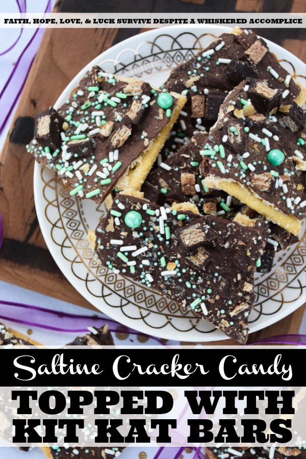 Saltine Cracker Candy Topped with Kit Kat Bars - Cracker candy, made with saltine crackers, is probably one of the most delicious sweet treats imaginable. However, when you generously top it with sprinkles and roughly chopped Kit Kat candy bars, it becomes even more amazing.