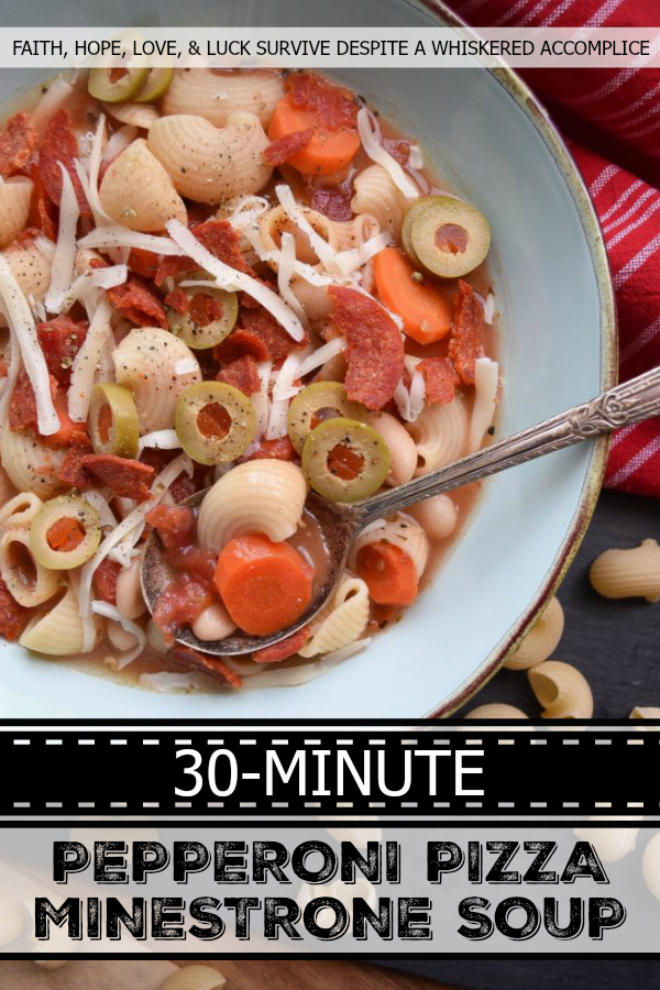 30-Minute Pepperoni Pizza Minestrone Soup - Everyone loves pizza for dinner, however, on a busy weeknight, it's nice to not have to worry about waiting for one to be delivered to your house. This quick 30-minute minestrone soup has all of the flavors of a pizza, using simple ingredients you have in your fridge and in your pantry. It's a fast, delicious, and flavorful weeknight meal, without the need for delivery. And, there are a few vegetables thrown in for extra nutrition.