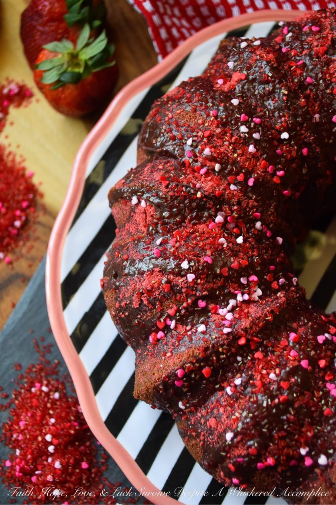 Chocolate-Glazed Extreme Strawberry Bundt Cake - Don't be afraid to reach for a boxed cake mix the next time you visit your local market or grocery store. With the addition of freeze-dried strawberry slices and a few other extra ingredients, this chocolate-glazed strawberry Bundt cake will have everyone who tastes it falling instantly head-over-heels in love. And, as an added bonus, it's as gorgeous as it is delicious.