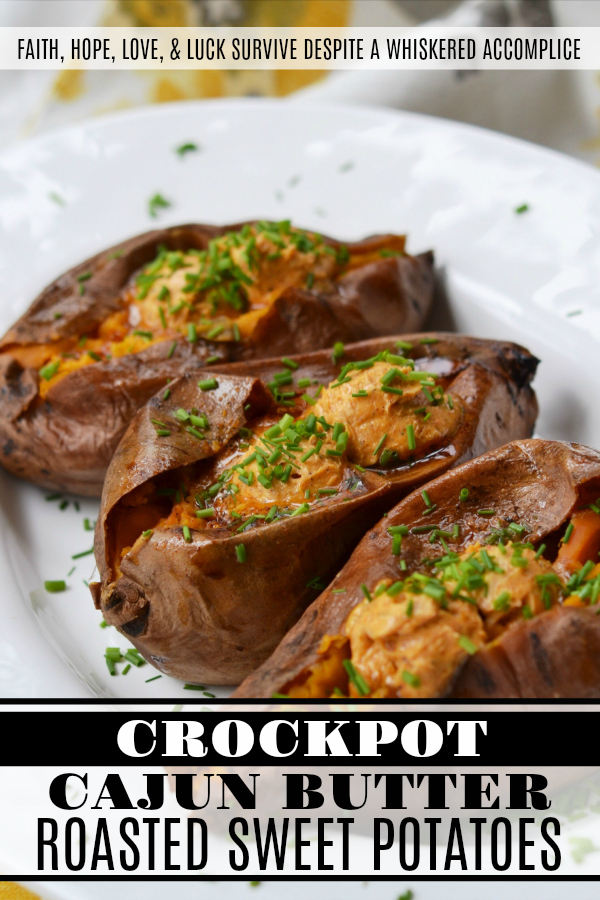 Crockpot Cajun Butter Roasted Sweet Potatoes - Looking for an easy summer BBQ side dish or a low-effort comforting winter Meatless Monday recipe? Look no further than these sweet crockpot roasted sweet potatoes topped with Cajun butter. These slow-cooked sweet potatoes could just easily become your new favorite way to eat sweet potatoes.