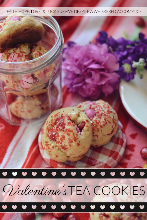 Valentine's Tea Cookies - Celebrate Valentine's Day with these Valentine's Tea Cookies, which are filled with a healthy dose of Milk Chocolate M&M's and generously sprinkled with red and white sanding sugar.