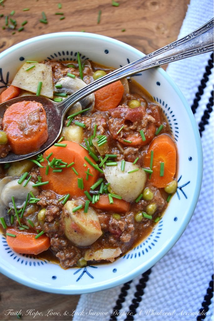 Crockpot Guinness Burger Stew - Did you buy too much Guinness for St. Patrick's Day? If so, use a little bit of that excess beer to make this rich and delicious burger stew. Stout and ground beef go so well together, and when you add in lots of vegetables, it gets even better. This is one bowl of stew even a stingy leprechaun would find hard to resist.