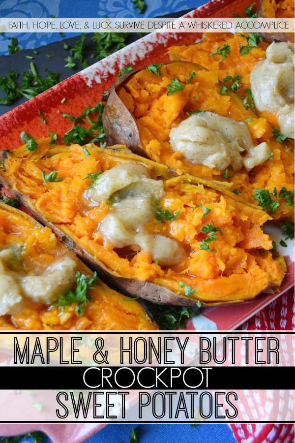 Maple & Honey Butter Crockpot Sweet Potatoes - After making sweet potatoes in a crockpot or slow cooker, you may never make them any other way. They are perfectly tender and ready to top with your favorite fixings after only six hands-off hours of slow cooking. In this simple recipe, these sweet potatoes are topped with a sweet and flavorful homemade butter infused with maple and butter.