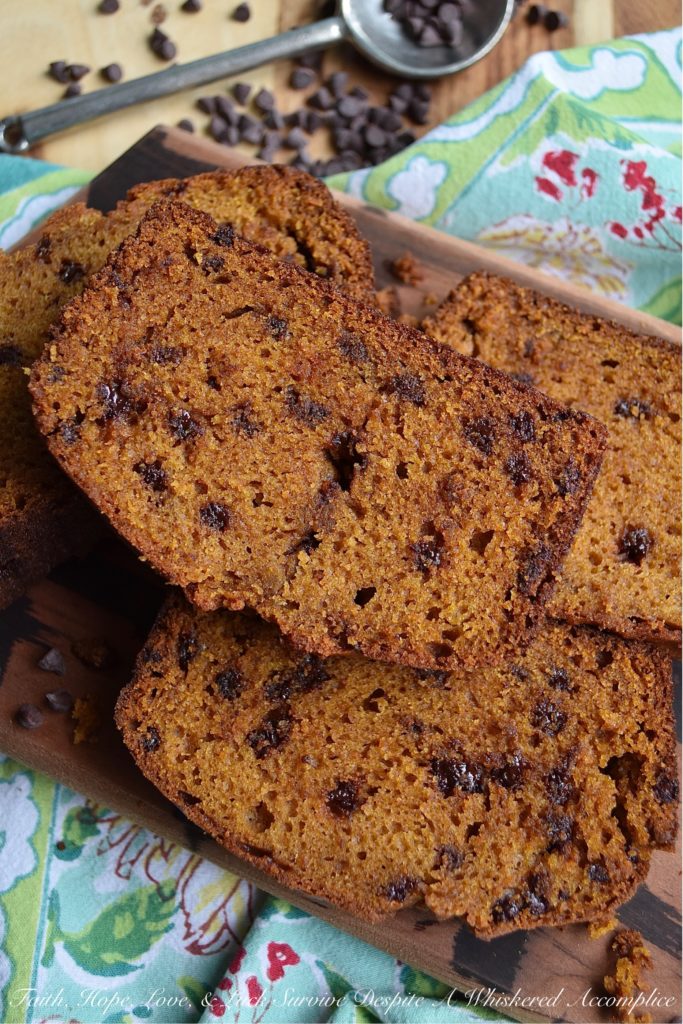 Chocolate Chip Pumpkin Bread Breakfast Loaf - Have you ever opened a can of pumpkin and found yourself not using the entire can in a recipe? What do you do with the leftover pumpkin? Make pumpkin bread, of course. A soft, moist, and sweet breakfast pumpkin bread loaf, studded with miniature semi-sweet chocolate chips. Add a banana and a cup of tea or coffee and breakfast is served.