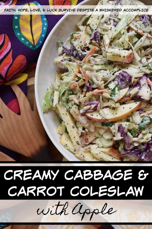 Creamy Cabbage & Carrot Coleslaw with Apple - It's so easy to transform a simple bag of pre-shredded green cabbage, red cabbage, and carrots into an absolutely outstanding side salad. This particular creamy coleslaw recipe is made even more delicious with the addition of a crisp red apple and crunchy sunflower seeds. I'm fairly certain that this time-saving slaw if going to become one of your new favorite go-to summer recipes.