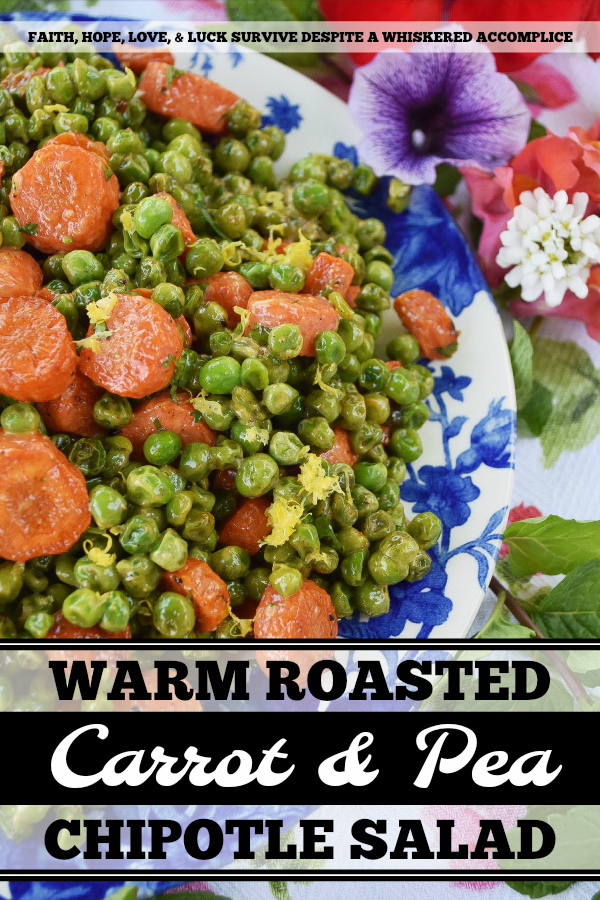 Warm Roasted Carrot & Pea Chipotle Salad - Not only is this warm roasted carrot and pea side salad colorful and full of flavor, but it's also the perfect vegetable salad to serve with almost any type of grilled meat or fish. The tiny bit of mayonnaise it contains gives it just the right amount of richness, and the lemon zest and chipotle lend a refreshing kick to the peas and carrots.