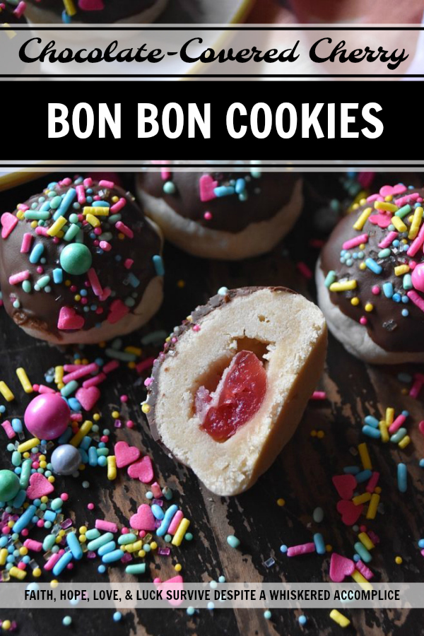 Chocolate-Covered Cherry Bon Bon Cookies - These heavenly chocolate-covered bon bon cookies are filled with a sweet surprise. Tucked inside each one is a maraschino cherry, just waiting for you to discover it. And, after each cookie is dipped in melted dark chocolate and topped generously with sprinkles, I think you'll agree that these amazing cookies are pretty hard to resist.