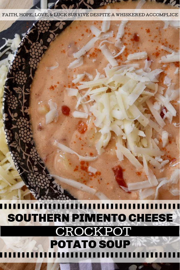 Southern Pimento Cheese Crockpot Potato Soup - If you're looking for a quick southern-inspired, easy-to-make, weekday bowl of creamy potato soup, then this is your recipe. Simply dump the soup ingredients into a crockpot and stir to combine. Eight hours later, purée half of the soup in a blender and then garnish each bowl of pimento cheese potato soup with some freshly grated white cheddar cheese right before serving. What could be more simple, or more delicious?