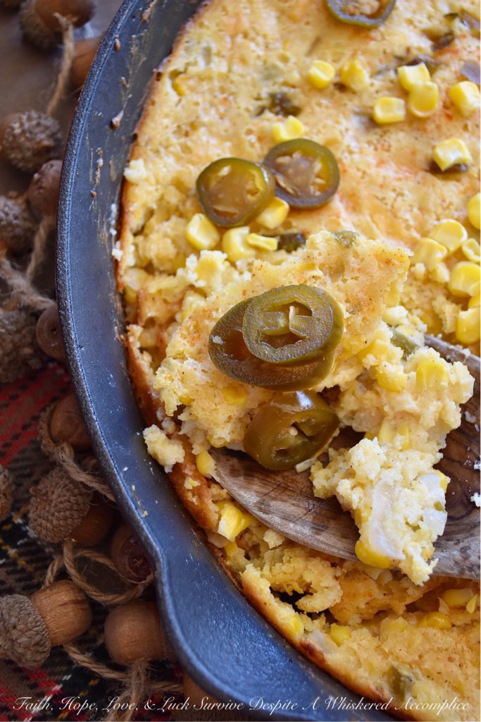 Sweet Pickled Jalapeño Cornbread Casserole - Looking for a side dish that is filling, sweet and spicy, and goes with just about everything? Well, this is definitely it. This oven-baked cast iron skillet casserole is overflowing with corn, onions, jalapeños, and just the right amount of cream cheese and cheddar. It's not too dry and not too wet; the perfect marriage between a traditional skillet cornbread and a cheesy corn casserole.