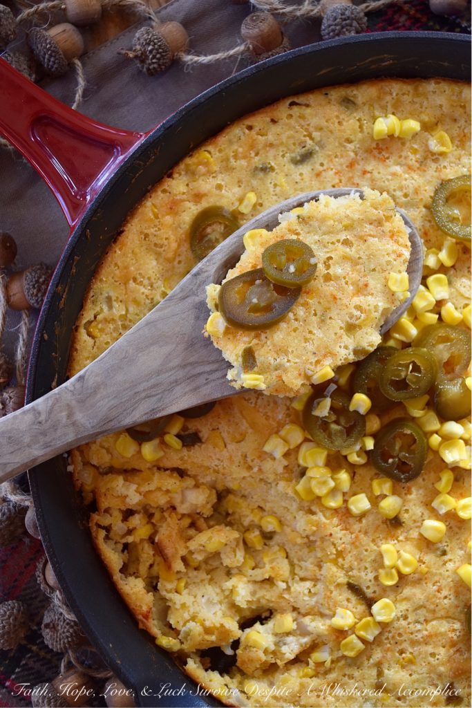 Sweet Pickled Jalapeño Cornbread Casserole - Looking for a side dish that is filling, sweet and spicy, and goes with just about everything? Well, this is definitely it. This oven-baked cast iron skillet casserole is overflowing with corn, onions, jalapeños, and just the right amount of cream cheese and cheddar. It's not too dry and not too wet; the perfect marriage between a traditional skillet cornbread and a cheesy corn casserole.
