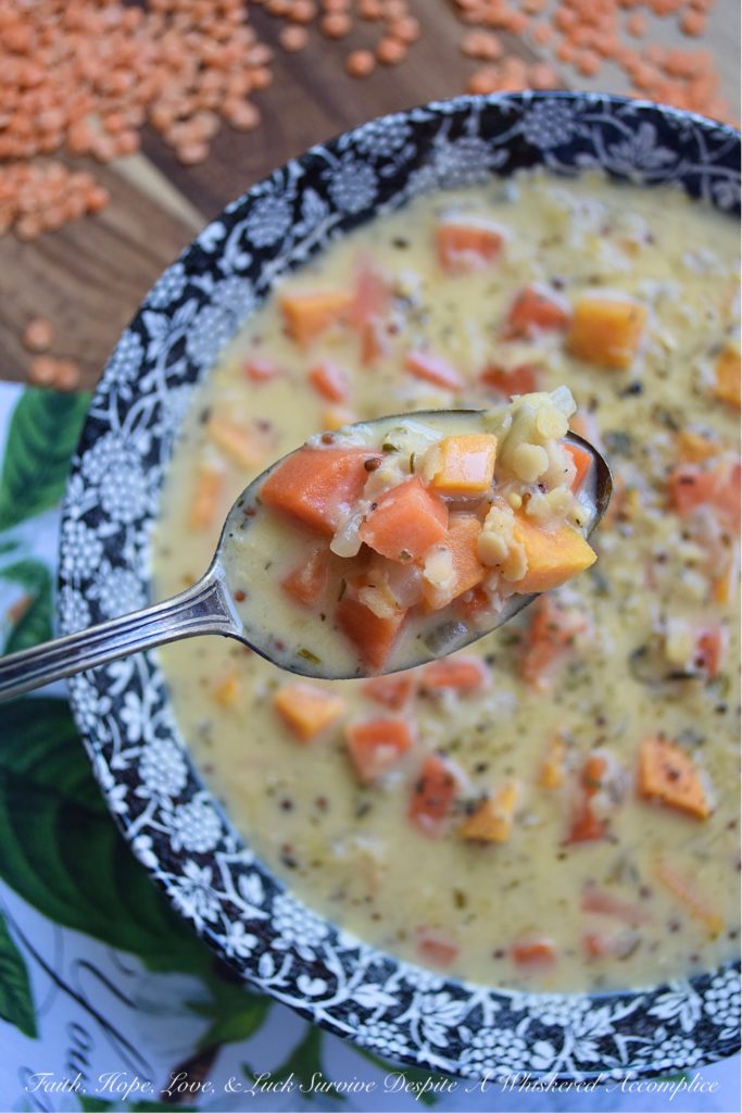 Creamy French Red Lentil Soup with Ham Stock - Instead of tossing out your leftover holiday ham bone, why not use it to make this creamy red lentil soup instead? After all, why should you waste all of that delicious salty ham flavor, when you can use it to make this red lentil, carrot, and sweet potato soup, seasoned with Herbes de Provence? This French-inspired red lentil soup is bound to become an after-the-holiday new family favorite recipe.