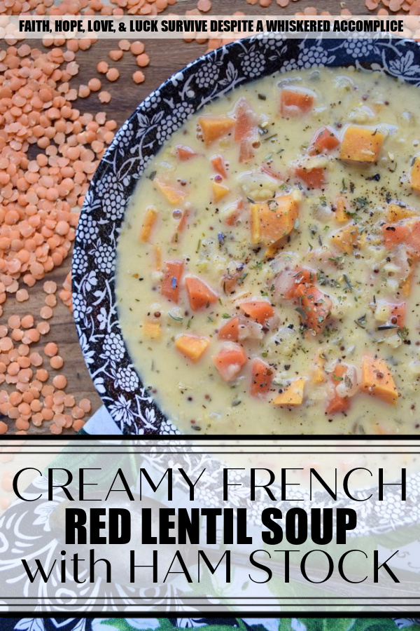 Creamy French Red Lentil Soup with Ham Stock - Instead of tossing out your leftover holiday ham bone, why not use it to make this creamy red lentil soup instead? After all, why should you waste all of that delicious salty ham flavor, when you can use it to make this red lentil, carrot, and sweet potato soup, seasoned with Herbes de Provence? This French-inspired red lentil soup is bound to become an after-the-holiday new family favorite recipe.