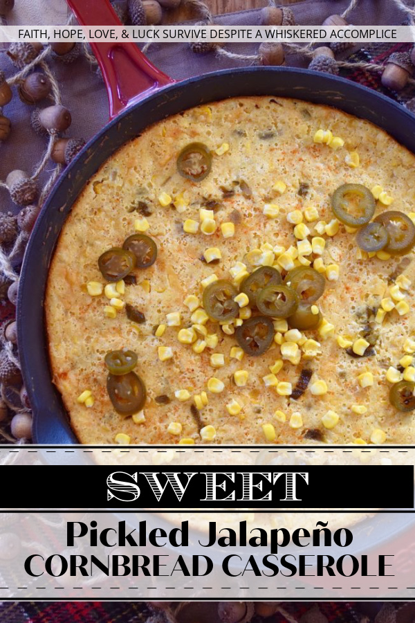 Sweet Pickled Jalapeño Cornbread Casserole - Looking for a side dish that is filling, sweet and spicy, and goes with just about everything? Well, this is definitely it. This oven-baked cast iron skillet casserole is overflowing with corn, onions, jalapeños, and just the right amount of cream cheese and cheddar. It's not too dry and not too wet; the perfect marriage between a traditional skillet cornbread and a cheesy corn casserole.
