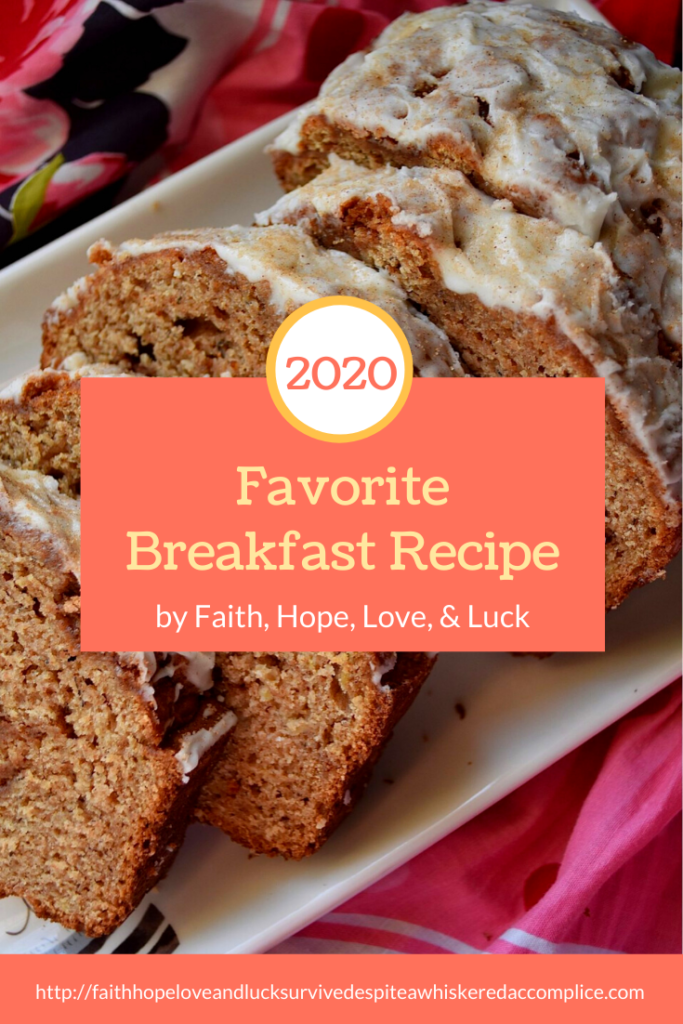 2020 Favorite Breakfast Recipe - Cinnamon Swirl Banana & Apple Sauce Bread - Banana bread is a great way to use up overly-ripe bananas, which you might otherwise throw away. Adding in a little bit of apple sauce and sour cream will also help to ensure that this loaf of breakfast bread isn't too dry. And, as an added bonus, a cinnamon sugar swirl and a powdered sugar glaze, take this quick bread to the next level, by adding tons of flavor and sweetness.
