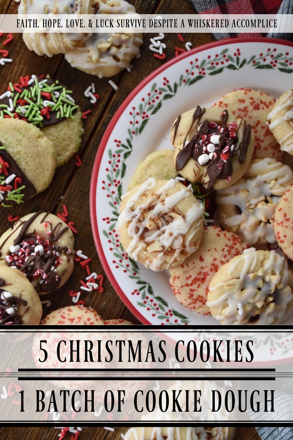 5 Christmas Cookies – 1 Batch of Cookie Dough - Around the holidays, it's always nice to have a cookie tray or platter around when you are entertaining guests. However, it's not always easy or convenient to bake several batches of cookies in order to have that cookie tray or platter on hand. With this 5 in 1 cookie recipe, you can turn one batch of cookie dough into five different and absolutely delicious Christmas cookies. It's a fun way to make a gorgeous cookie tray, without having to spend hours in the kitchen baking.