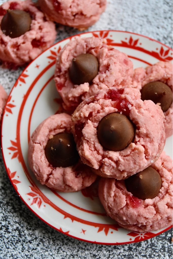 Vanilla Bean Cherry Chocolate Kiss Cookies - Looking for a sweet festive cookie to share with your loved one this Valentine's Day? These maraschino cherry cookies contain not just vanilla extract but also the seeds from two vanilla bean pods, making them a vanilla lover's dream come true. Add a chocolate kiss on top of each cookie for the ultimate treat to show your sweetheart just how much you love them.