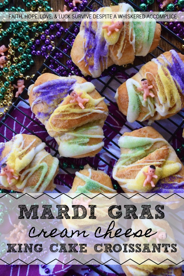Mardi Gras Cream Cheese King Cake Croissants - Unable to find a king cake to celebrate Mardi Gras this year? With these cream cheese croissants, made using refrigerated crescent rolls, you'll be able to celebrate the holiday with very little effort involved. And, once you decorate each king cake croissant with some yellow, green, and purple sanding sugar and a small plastic Mardi Gras baby, you'll have a festive treat everyone in your family will love. Laissez les bons temps rouler.