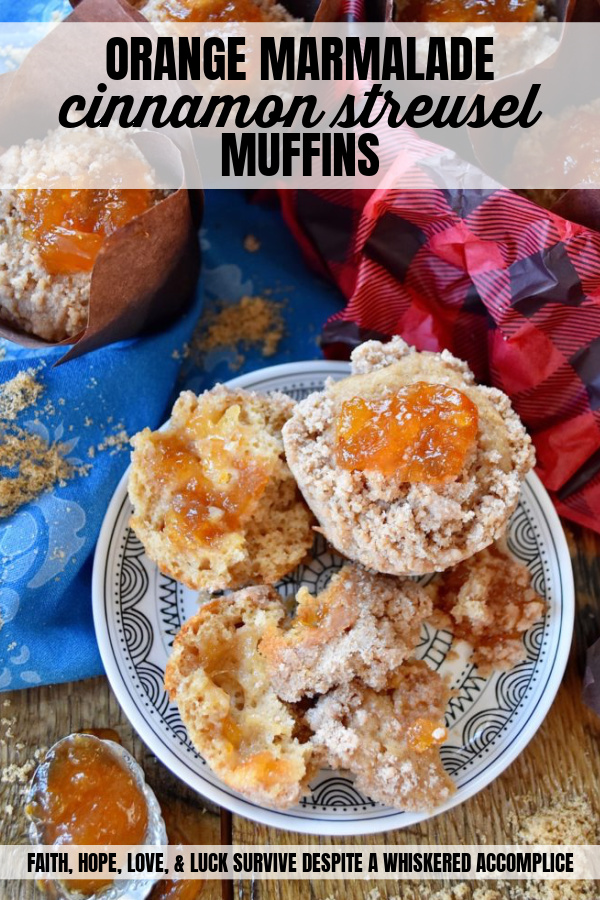 Orange Marmalade Cinnamon Streusel Muffins - What could be better than a streusel-topped muffin for breakfast? A cinnamon-flavored muffin, filled with orange marmalade, topped with a buttery sugar cinnamon sugar streusel, which is then garnished with an additional dollop of orange marmalade. Now that's a muffin worth rolling out of bed for.