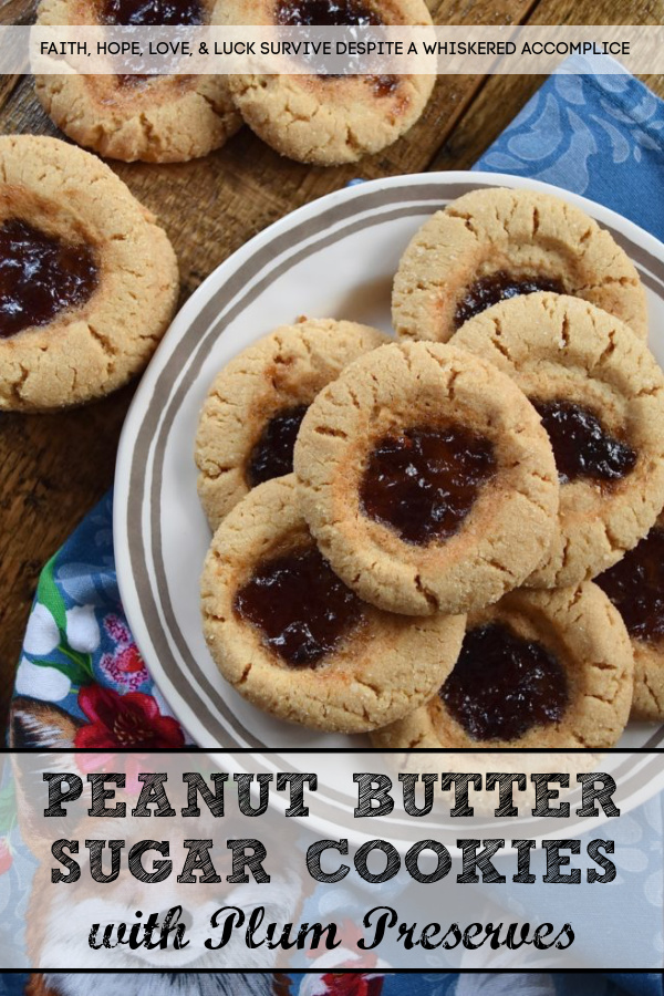 Peanut Butter Sugar Cookies with Plum Preserves - When you're in the mood to fancy things up a bit, but you're still craving peanut butter and jelly, these cookies are just the thing. Each peanut butter flavored ball of dough is rolled in granulated sugar and then filled with a small spoonful of plum preserves. These peanut butter sugar cookies are crunchy, chewy, gooey, and sweet all at the same time, making them the perfect cookie, no matter what the occasion.