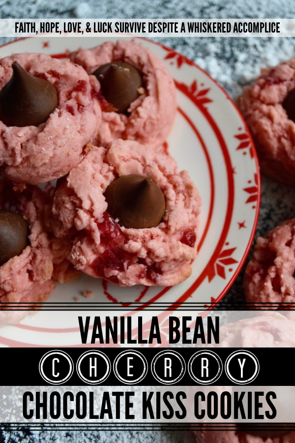 Vanilla Bean Cherry Chocolate Kiss Cookies - Looking for a sweet festive cookie to share with your loved one this Valentine's Day? These maraschino cherry cookies contain not just vanilla extract but also the seeds from two vanilla bean pods, making them a vanilla lover's dream come true. Add a chocolate kiss on top of each cookie for the ultimate treat to show your sweetheart just how much you love them.