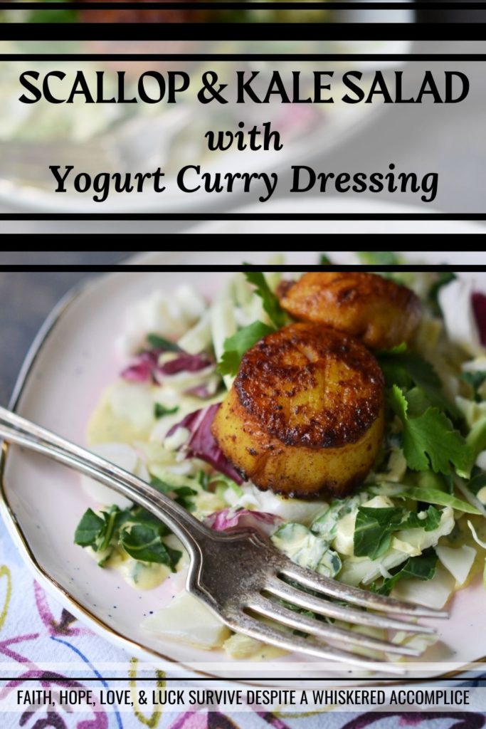 Scallop & Kale Salad with Yogurt Curry Dressing - This delightful appetizer salad will be the hit of your next dinner party with its subtle curry flavor and tangy salad dressing. The yogurt dressing is the perfect complement to the sautéed golden brown sweet curry scallops. If you're looking for an elegant, yet simple salad, this is definitely it.