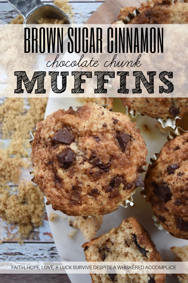 Brown Sugar Cinnamon Chocolate Chunk Muffins - Anyone can make a chocolate chip muffin, however, why should you settle for an ordinary muffin when you can enjoy an extra-ordinary muffin? These sweet muffins have cinnamon, chocolate chunks, and a buttery brown sugar topping. Whether you eat these for breakfast, dinner, or even as a mid-day snack, I know you're going to absolutely love these soft, tender, moist, and crunchy brown sugar muffins.