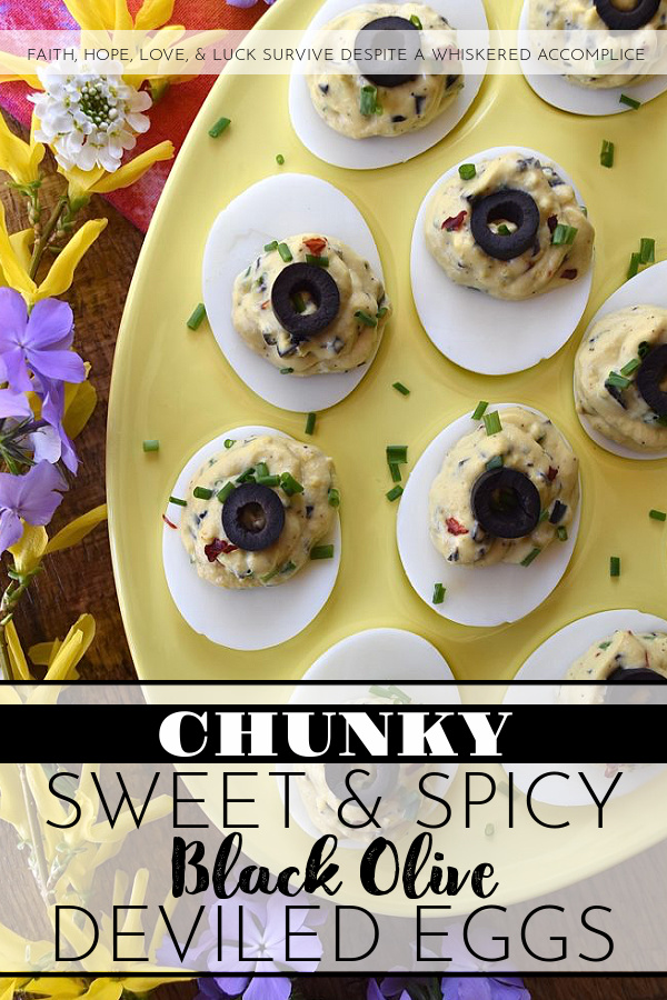 Chunky Sweet & Spicy Black Olive Deviled Eggs - Most deviled eggs have a creamy filling, however, with these deviled eggs, finely chopped black olives give the deviled egg filling a delightful chunky texture. And, once you add a little dijon mustard, honey, crushed red pepper flakes, black pepper, chives, and mayonnaise, I think you'll be quite impressed with the lovely sweet and spicy flavor of these chunky black olive deviled eggs.