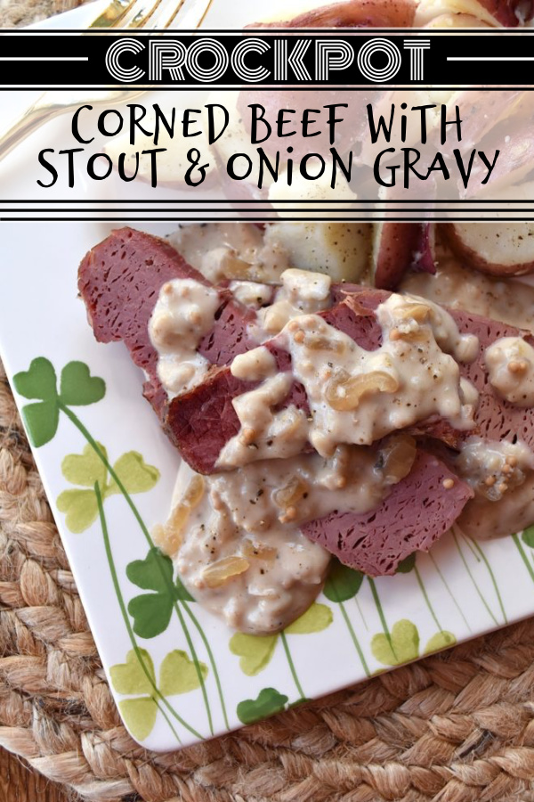 Crockpot Corned Beef with Stout & Onion Gravy - Are you looking for a new recipe to help you celebrate St. Patrick's Day? A recipe that can be made in a crockpot? Say hello to your new favorite way to cook corned beef. After the corned beef brisket slowly cooks for several hours in a crockpot, you use the crockpot cooking liquid and the strained crockpot ingredients to make a quick, simple, easy, and absolutely delicious creamy stout and onion gravy. Get ready to have your shamrocks rocked by this amazing gravy-smothered crockpot corned beef.