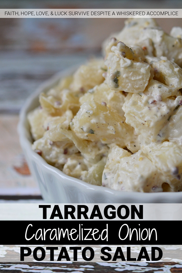 Tarragon Caramelized Onion Potato Salad - Looking for a new potato salad recipe that will delight your summer guests? This tarragon caramelized onion potato salad is definitely it. A few tablespoons of tarragon vinegar and caramelized onions help to give this summer side salad a unique and unforgettable flavor.