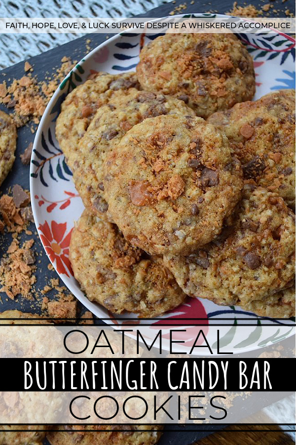 Oatmeal Butterfinger Candy Bar Cookies - Almost everyone loves an oatmeal cookie with chocolate chips or chocolate chunks folded into it. But why settle for just chocolate, when you can have both peanut butter and chocolate? These sweet and buttery, incredibly delicious oatmeal cookies are absolutely overflowing with small crunchy bits of finely chopped Butterfinger candy bar, making them the perfect chocolate and peanut butter-filled oatmeal cookie. One bite and you'll be swooning over their lovely taste and texture.
