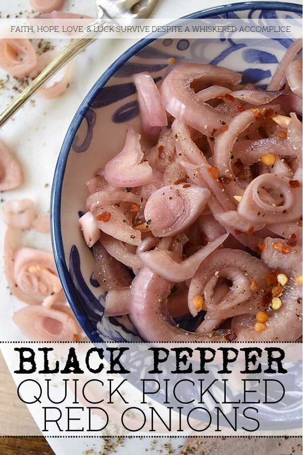 Black Pepper Quick Pickled Red Onions - Pickled red onions are a great zesty addition to almost any meal. Add a few to tacos, potato salad, hamburgers, salsa, corn salad, or even deviled eggs. Honestly, they go great on, or in just, about anything. And, when you add in a healthy dose of freshly ground black pepper, these quick pickled red onions definitely pack a lot of peppery extra zestiness.