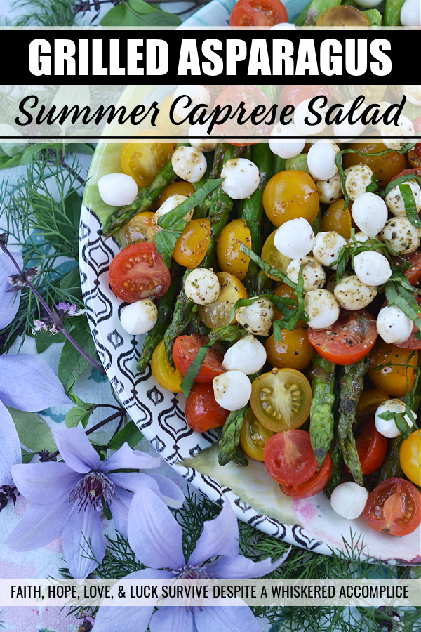 Grilled Asparagus Summer Caprese Salad - Grilled asparagus is topped with halved cherry tomatoes and fresh mozzarella in this room-temperature fresh summer salad. After being drizzled with a simple homemade balsamic vinegar dressing, this asparagus caprese salad instantly transforms into an appetizer, salad, or side dish perfect for your next BBQ, picnic, or cookout.
