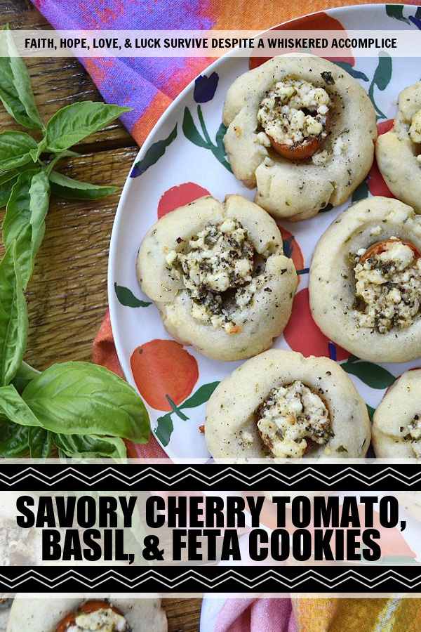 Savory Cherry Tomato, Basil, & Feta Cookies - This savory thumbprint cookie recipe is perfect for summer when fresh tomatoes and fresh basil are at their prime. The cookie dough is just a little bit sweet, while the feta cheese filling has the perfect amount of saltiness to balance out the flavor of the fresh cherry tomato it is baked on top of. Now sure, you could absolutely put this same feta and basil filling on top of baked bread all summer long, but why do that, when you can have it on top of a savory cookie instead?