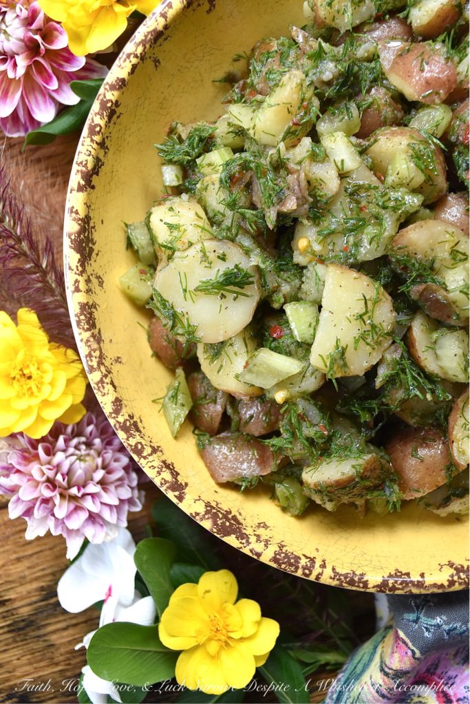 Lemon & Dill Potato Salad with No Mayonnaise - The zest and juice of a lemon, give this potato salad, made with no mayonnaise, a light, refreshing, and vibrant flavor. Add in a generous amount of fresh dill and crunchy diced celery, and you'll see just why this potato salad is such a fantastic side dish. it pairs well with almost any main course, is easy to make, and you won't have to worry about it sitting out for a bit, due to the lack of mayo.
