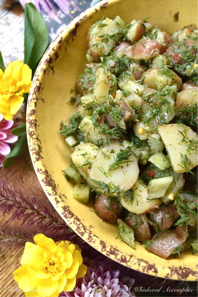 Lemon & Dill Potato Salad with No Mayonnaise - The zest and juice of a lemon, give this potato salad, made with no mayonnaise, a light, refreshing, and vibrant flavor. Add in a generous amount of fresh dill and crunchy diced celery, and you'll see just why this potato salad is such a fantastic side dish. it pairs well with almost any main course, is easy to make, and you won't have to worry about it sitting out for a bit, due to the lack of mayo.