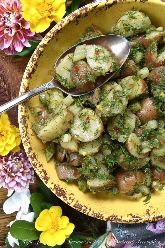Lemon & Dill Potato Salad with No Mayonnaise - The zest and juice of a lemon, give this potato salad, made with no mayonnaise, a light, refreshing, and vibrant flavor. Add in a generous amount of fresh dill and crunchy diced celery, and you'll see just why this potato salad is such a fantastic side dish. it pairs well with almost any main course, is easy to make, and you won't have to worry about it sitting out for a bit, due to the lack of mayo.
