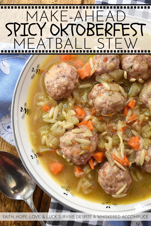Make-Ahead Spicy Oktoberfest Meatball Stew - This spicy make-ahead meatball stew is the perfect recipe to make on an early autumn weekend to enjoy later in the busy work week. After all, I think that we can all agree, that most soups, stews, and chilis taste better when enjoyed a few days later. This fall stew has a lovely peppery warmth thanks to black pepper and crushed red pepper flakes, and the Oktoberfest lager it contains helps to add a delightful depth of flavor. And in orzo pasta and baked meatballs, and this stew becomes an amazingly flavorful and filling busy weeknight comfort meal.