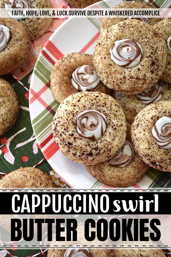 Cappuccino Swirl Butter Cookies - These amazing cappuccino swirl butter cookies are definitely a sweet treat your entire family will enjoy. They have just the right hint of coffee flavor, thanks to the espresso powder and sugar mixture they are rolled in before baking. And, once a Hershey's Kisses Hug is added to each cookie after baking, and then gently swirled after a few minutes of melting, these tasty, buttery, and delicious cookies definitely resemble an irresistible cup of fragrant cappuccino. Seriously, what's not to love bout this amazing cookie combination?