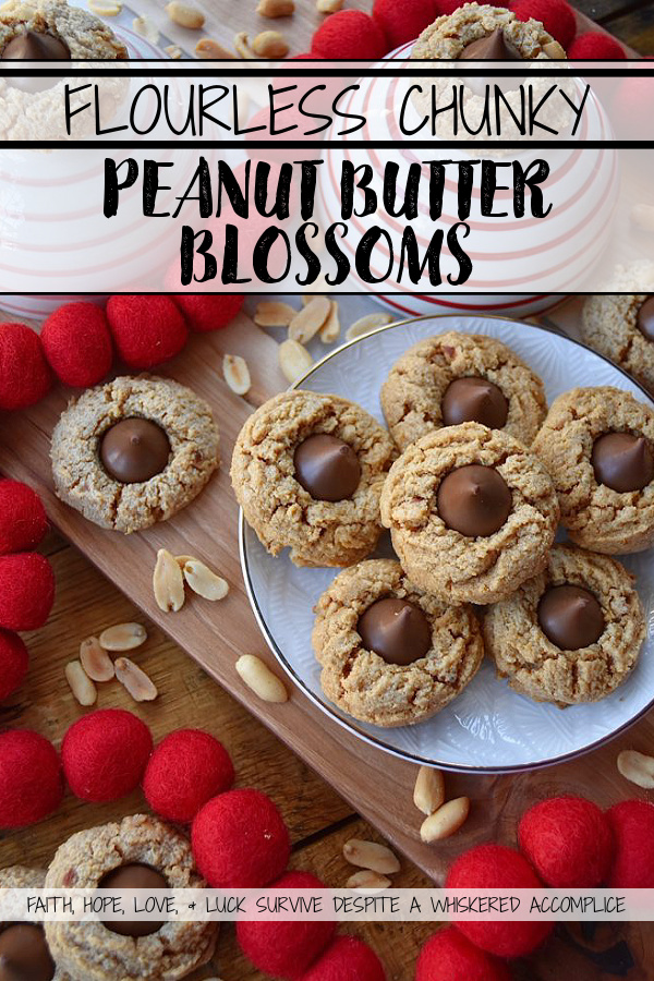Flourless Chunky Peanut Butter Blossoms - After chocolate chip cookies, peanut butter cookies topped with Hersey's kisses, are probably one of the most-baked cookies of all time. So, I think it's pretty safe to say that these six-ingredient peanut butter blossom cookies, which are flourless and therefore gluten-free, will definitely win you over with their sweet flavor and crunchy texture.
