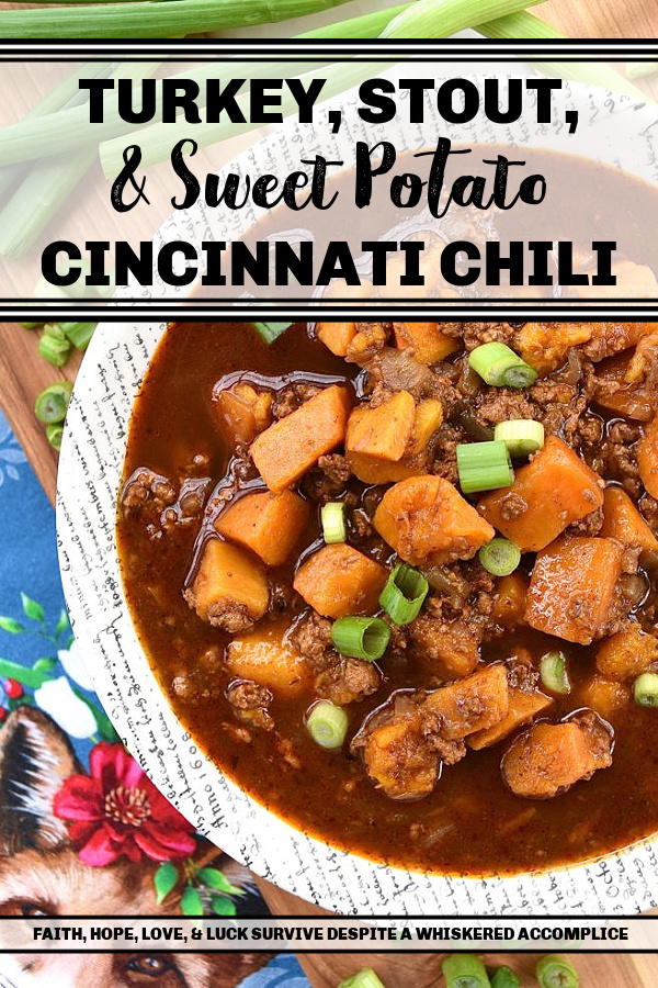 Turkey, Stout, & Sweet Potato Cincinnati Chili - Thanks to cinnamon, cumin, nutmeg, chili powder, and a little pinch of allspice and ground cloves, Cincinnati chili is absolutely exploding with flavor. And, with the addition of a little bit of unsweetened cocoa powder and a bottle or can of stout beer, this ground turkey and sweet potato version of this well-known chili is even more flavorful.