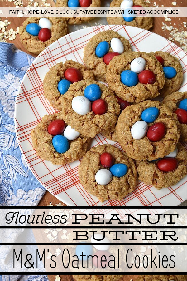 Flourless Peanut Butter M&M's Oatmeal Cookies - These six-ingredient flourless oatmeal cookies have everything you could ever want in a cookie. They're soft, crunchy, and chocolatey all at the same time. And, as an added bonus, you won't even need a mixer for this easy-to-make peanut butter cookie recipe. How great is that? Less clean-up and more time to eat delicious cookies topped with everyone's favorite Peanut M&M's.