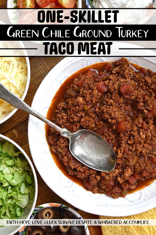 One-Skillet Green Chile Ground Turkey Taco Meat - Taco meat is one of the most versatile recipes you can make on a busy weeknight. It can be used to make hard or soft tacos, served over rice, used to make taco bowls, or even served on top of crispy tortilla chips. And with this healthy ground turkey one-skillet taco meat recipe, made using canned tomatoes and green chiles, you won't be stuck having to clean a lot of dishes afterward. Lots of homemade flavor with very little effort involved.