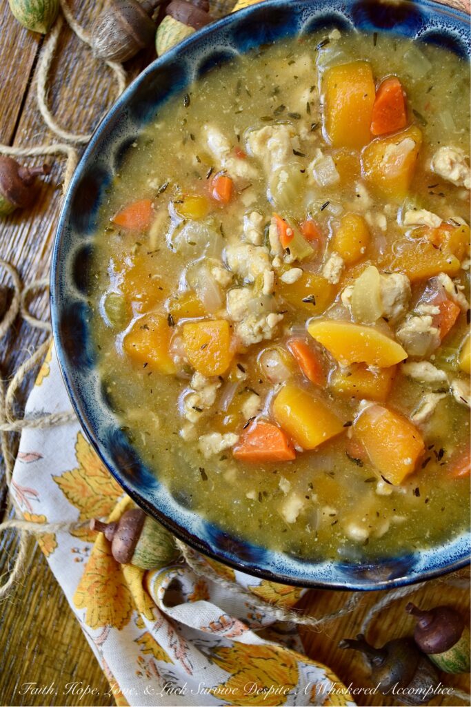 Healthy Butternut Squash & Chicken Soup - This autumn butternut squash and ground chicken one-pot soup recipe will satisfy your entire family with its amazing flavor and vibrant color. Add in the fact that this soup is super-healthy and what's not to like? This is definitely a fall recipe that you'll want to make over and over again.